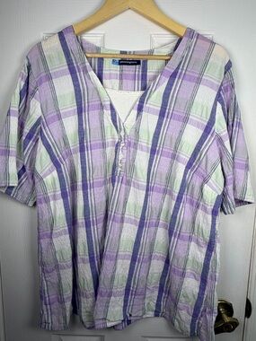 Penningtons Lavender Green Plaid Button Down Shirt Women's Size X Cotton Stretch